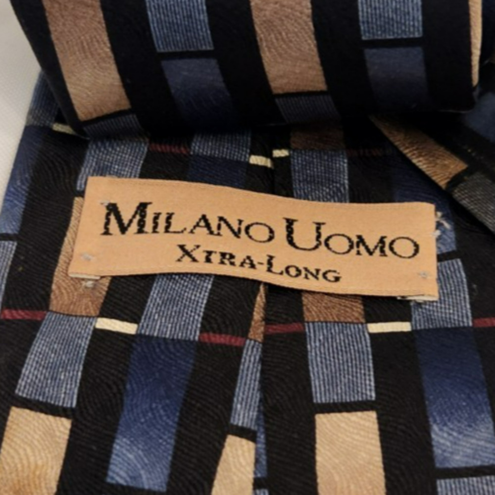 Milano Uomo Extra Long Mens 100% Silk Tie Repeat Pattern Black/Blue/Beige